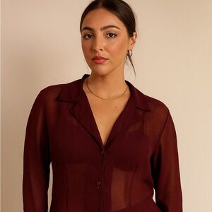 Vintage‎ 90s Sheer Slinky Burgundy Blouse 12 Silky Model Off Duty Fairy Grunge